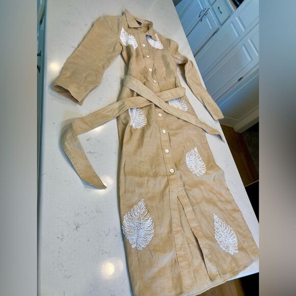 Zara 100% Linen White Beaded Leaf Tan Button Down Boho Collar Artsy Dress Small - Picture 12 of 12